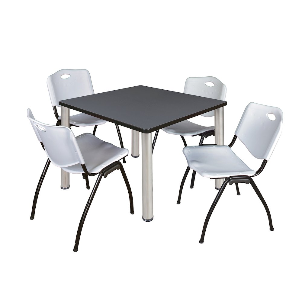 42 in Square Breakroom Table- Grey Top, Chrome Legs, 4 M Stack Chairs- Grey. Picture 1