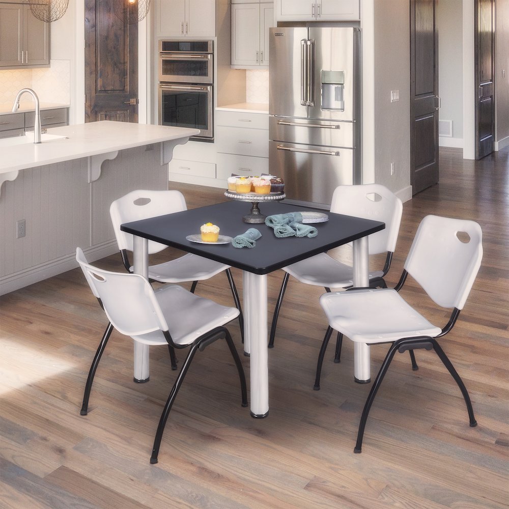 42 in Square Breakroom Table- Grey Top, Chrome Legs, 4 M Stack Chairs- Grey. Picture 7