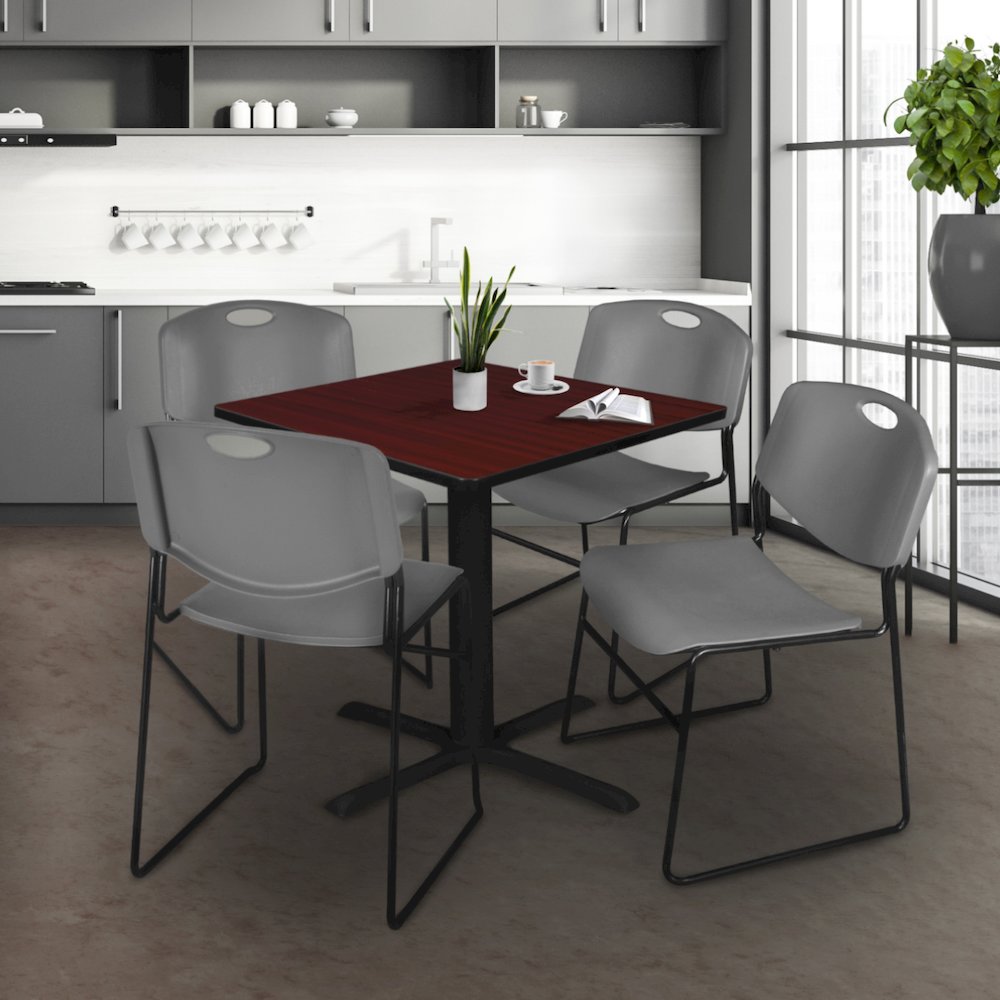42 in. Square X-Base Breakroom Table- Mahogany & 4 Zeng Stack Chairs- Grey. Picture 9