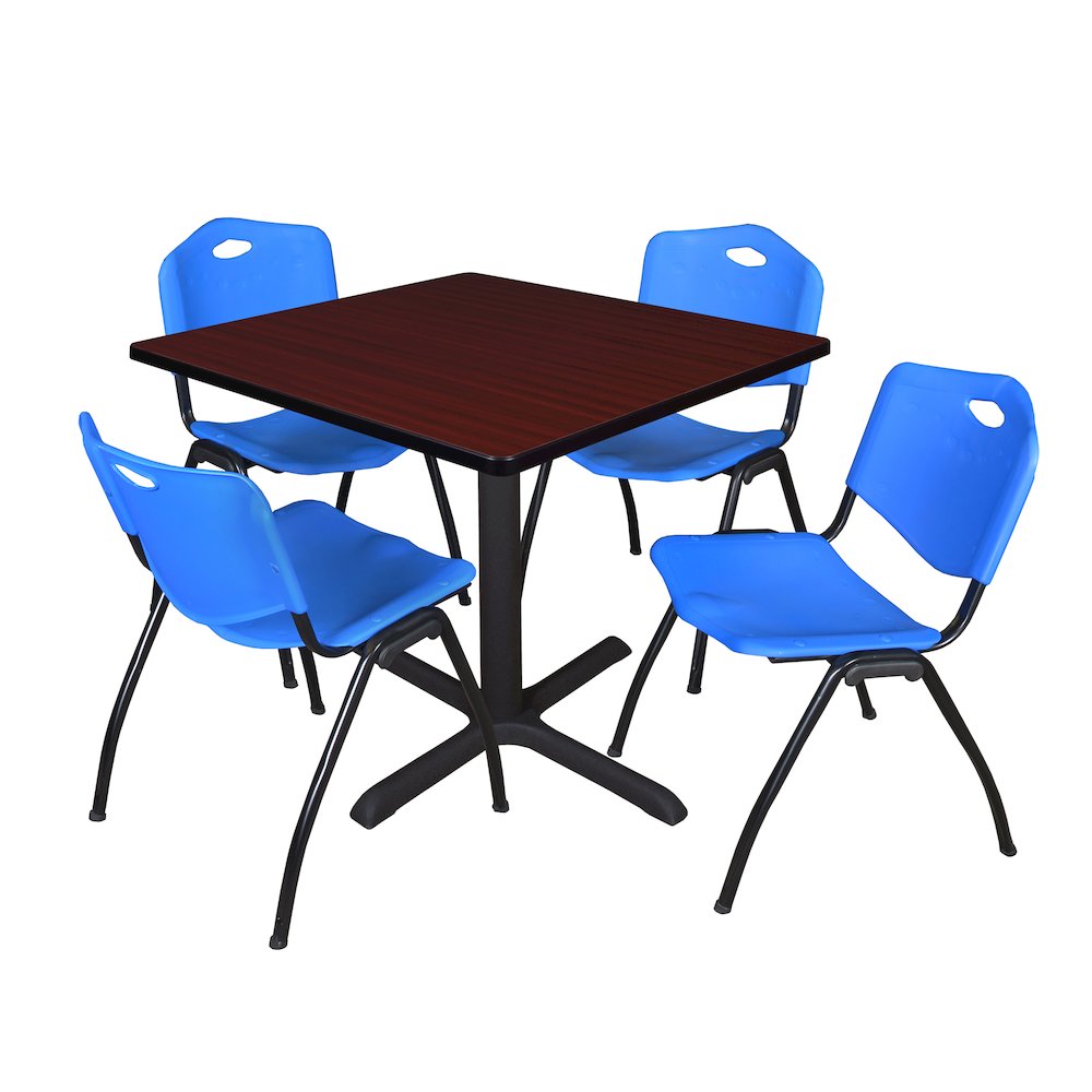 42 in. Square X-Base Breakroom Table- Mahogany & 4 M Stack Chairs- Blue. Picture 1