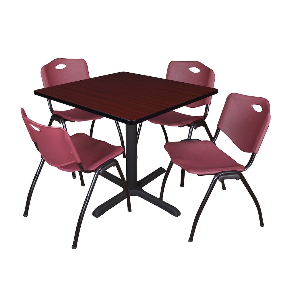 42 in. Square X-Base Breakroom Table- Mahogany & 4 M Stack Chairs- Burgundy. Picture 1