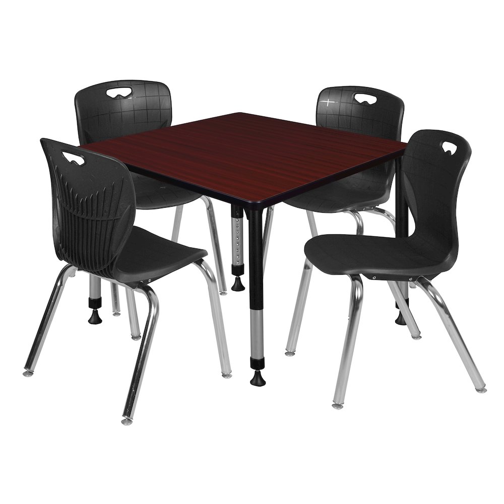 42 Square Adjustable Classroom Table- Mahogany & 4 Andy 18 Stack Chairs- Black. Picture 1