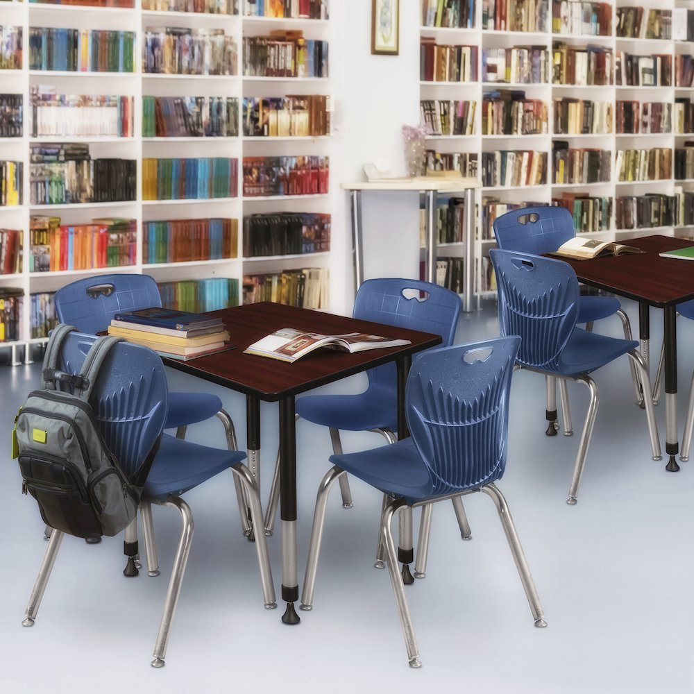 42 Square Adjustable Classroom Table- Mahogany & 4 Andy 18 Stack Chairs- Blue. Picture 7