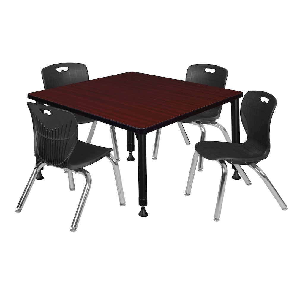 42 Square Adjustable Classroom Table- Mahogany & 4 Andy 12 Stack Chairs- Black. Picture 1