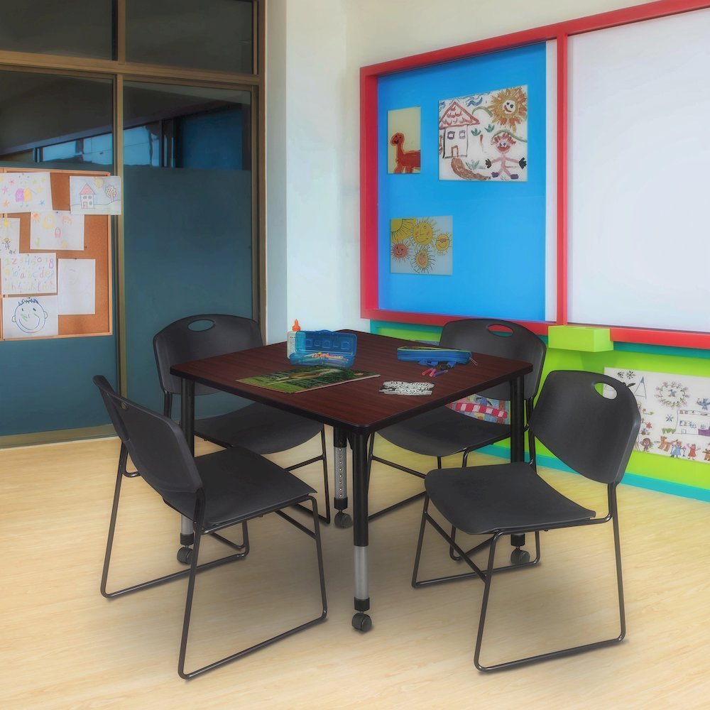 42 Square Mobile Classroom Table- Mahogany & 4 Zeng Stack Chairs- Black. Picture 7