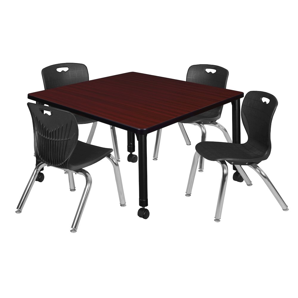 42 Square Mobile Classroom Table- Mahogany & 4 Andy 12 Stack Chairs- Black. Picture 1