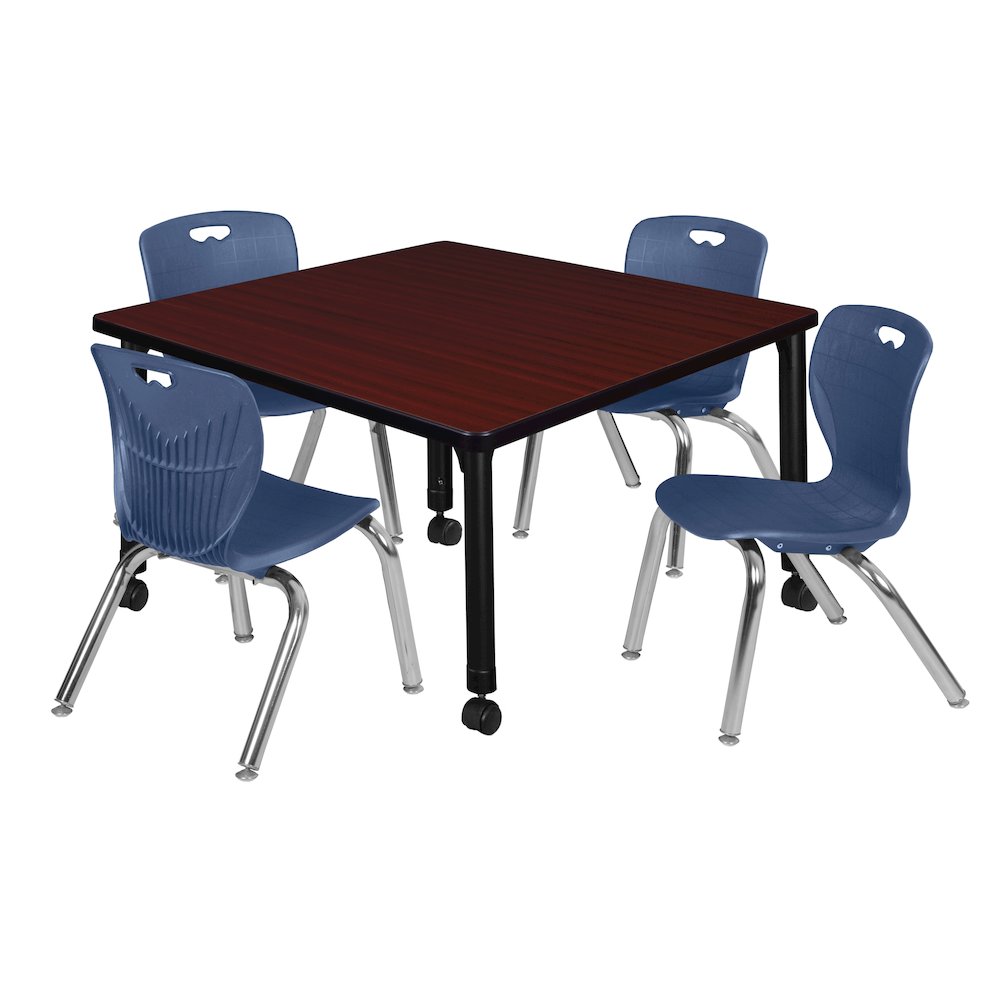 42 Square Mobile Classroom Table- Mahogany & 4 Andy 12 Stack Chairs- Blue. Picture 1