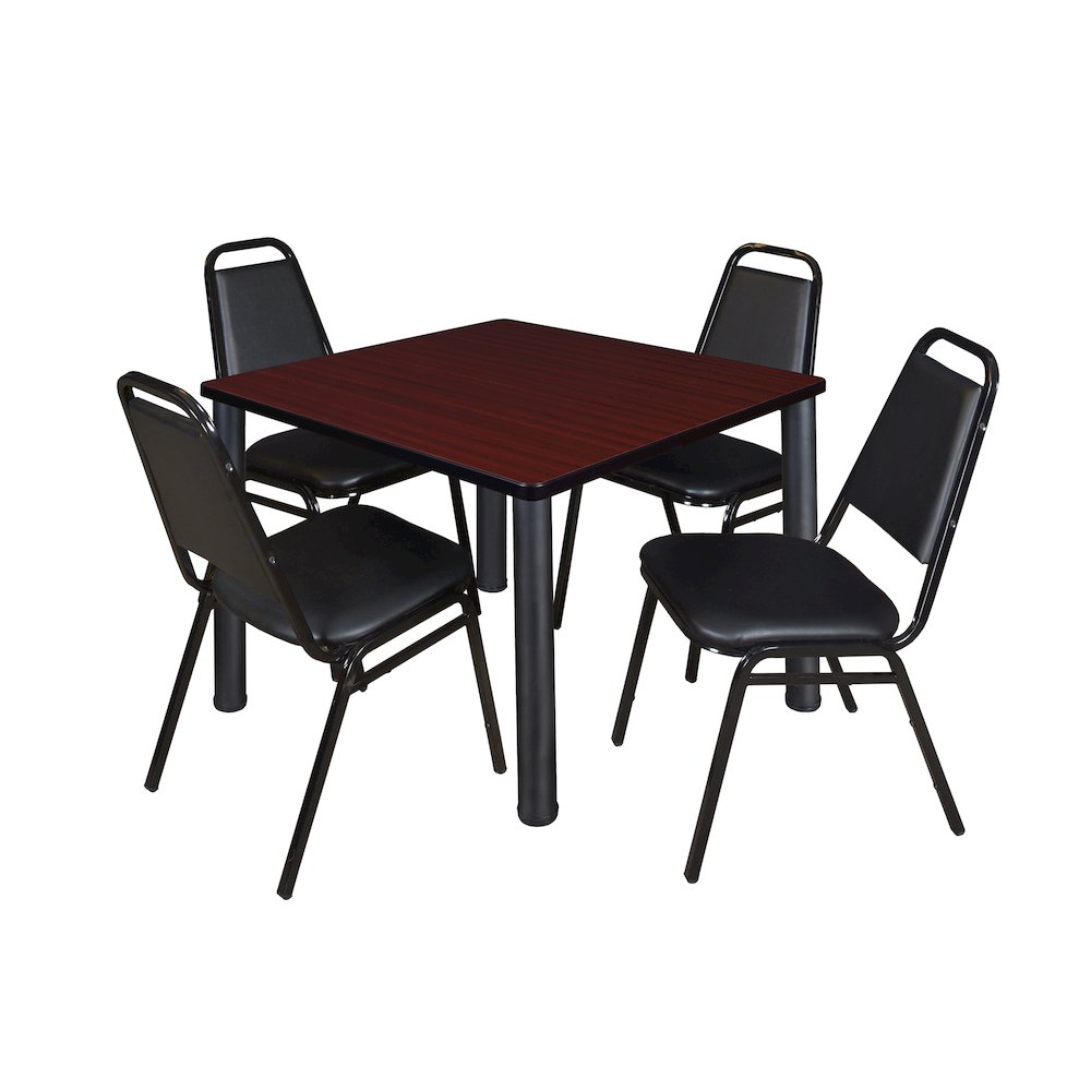 42 Square Breakroom Table- Mahogany Top, Black Legs, 4 Restaurant Stack Chairs. Picture 1