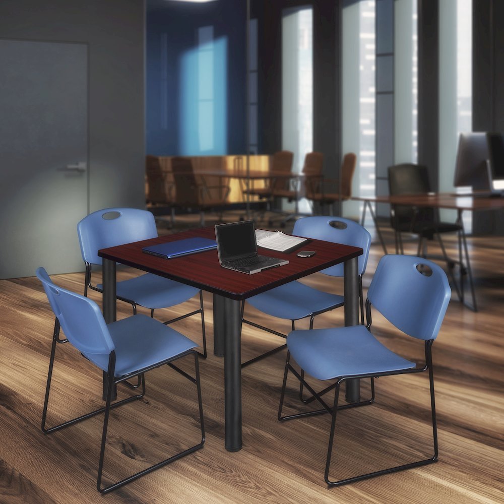 42 Square Breakroom Table- Mahogany Top, Black Legs, 4 Zeng Stack Chairs- Blue. Picture 7