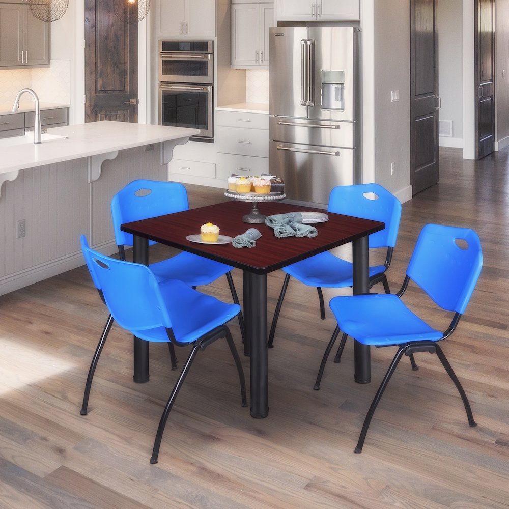 42 in Square Breakroom Table- Mahogany Top, Black Legs, 4 M Stack Chairs- Blue. Picture 7