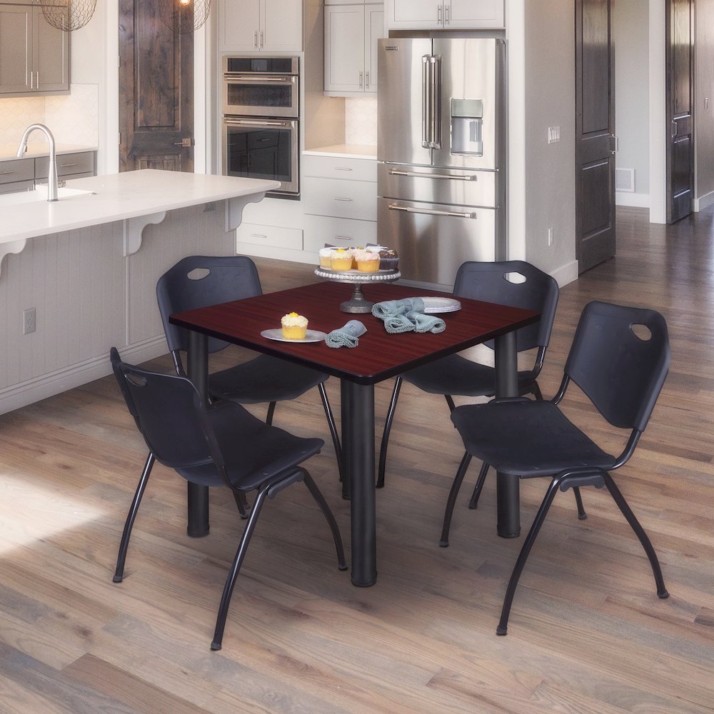 42 in Square Breakroom Table- Mahogany Top, Black Legs, 4 M Stack Chairs- Black. Picture 7