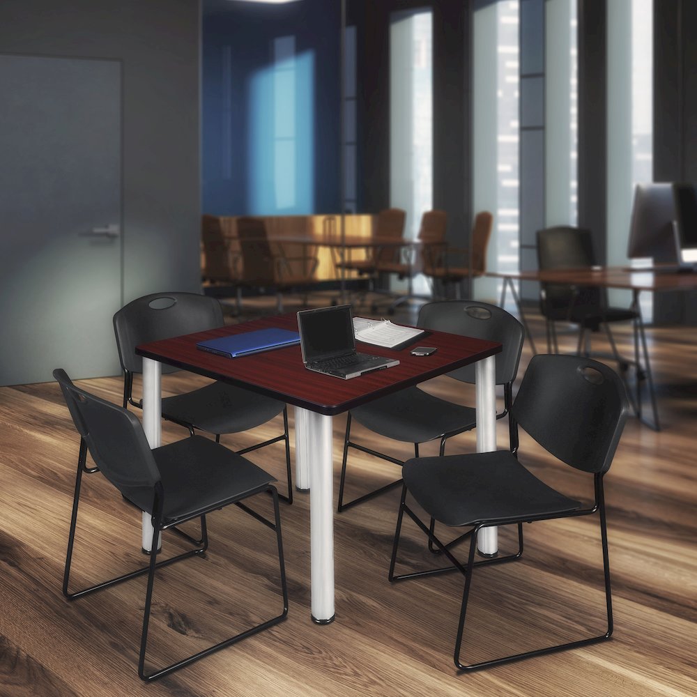 42 Square Breakroom Table- Mahogany Top, Chrome Legs, 4 Zeng Stack Chairs- Black. Picture 7