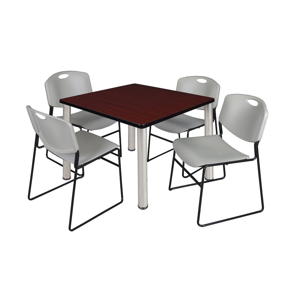 42 Square Breakroom Table- Mahogany Top, Chrome Legs, 4 Zeng Stack Chairs- Grey. Picture 1