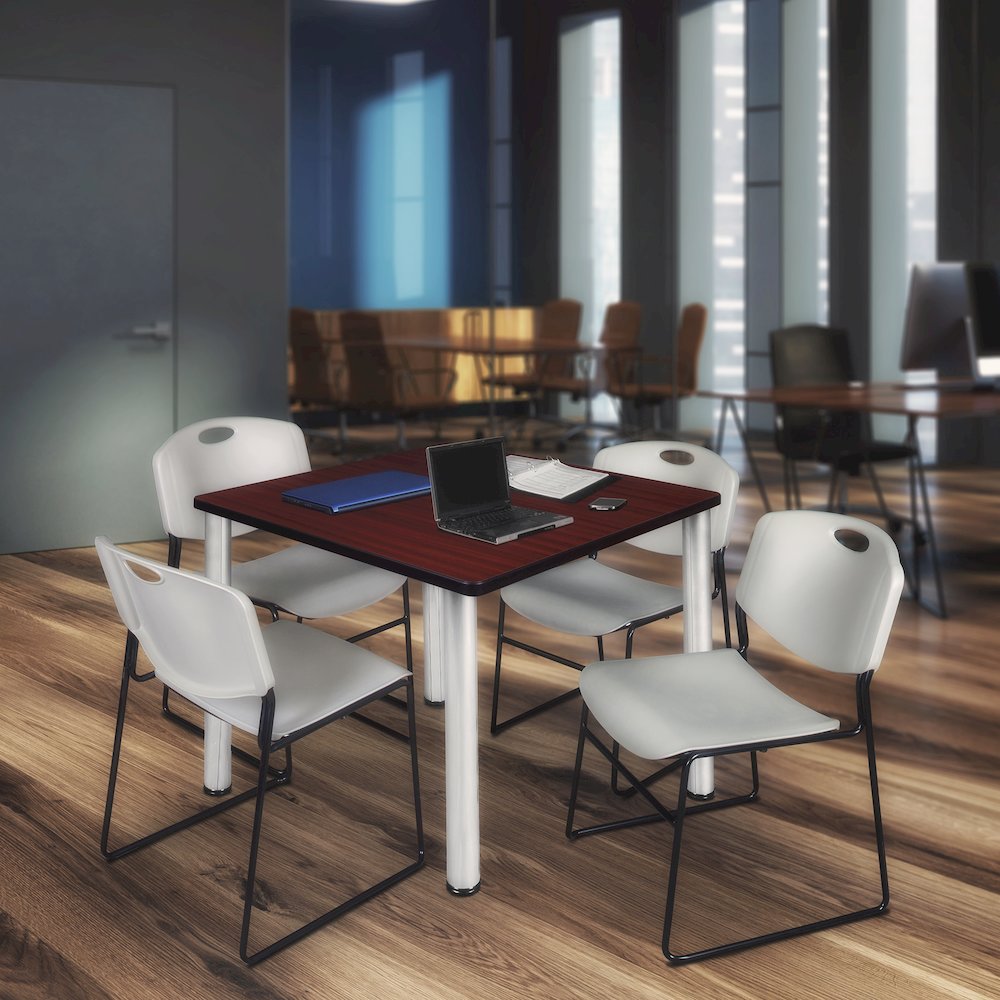 42 Square Breakroom Table- Mahogany Top, Chrome Legs, 4 Zeng Stack Chairs- Grey. Picture 7