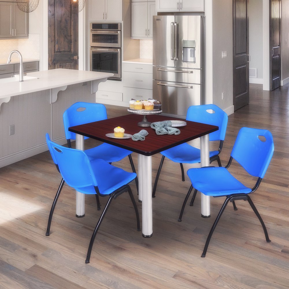 42 in Square Breakroom Table- Mahogany Top, Chrome Legs, 4 M Stack Chairs- Blue. Picture 7