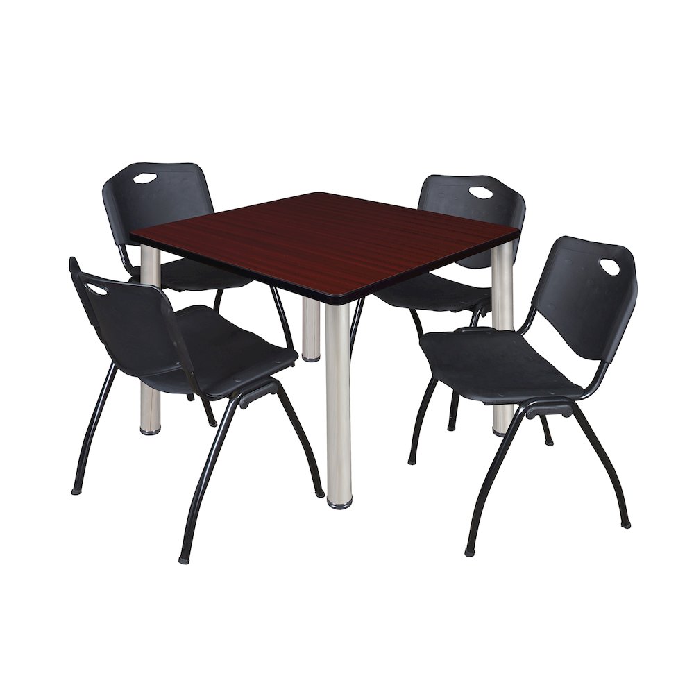 42 in Square Breakroom Table- Mahogany Top, Chrome Legs, 4 M Stack Chairs- Black. Picture 1