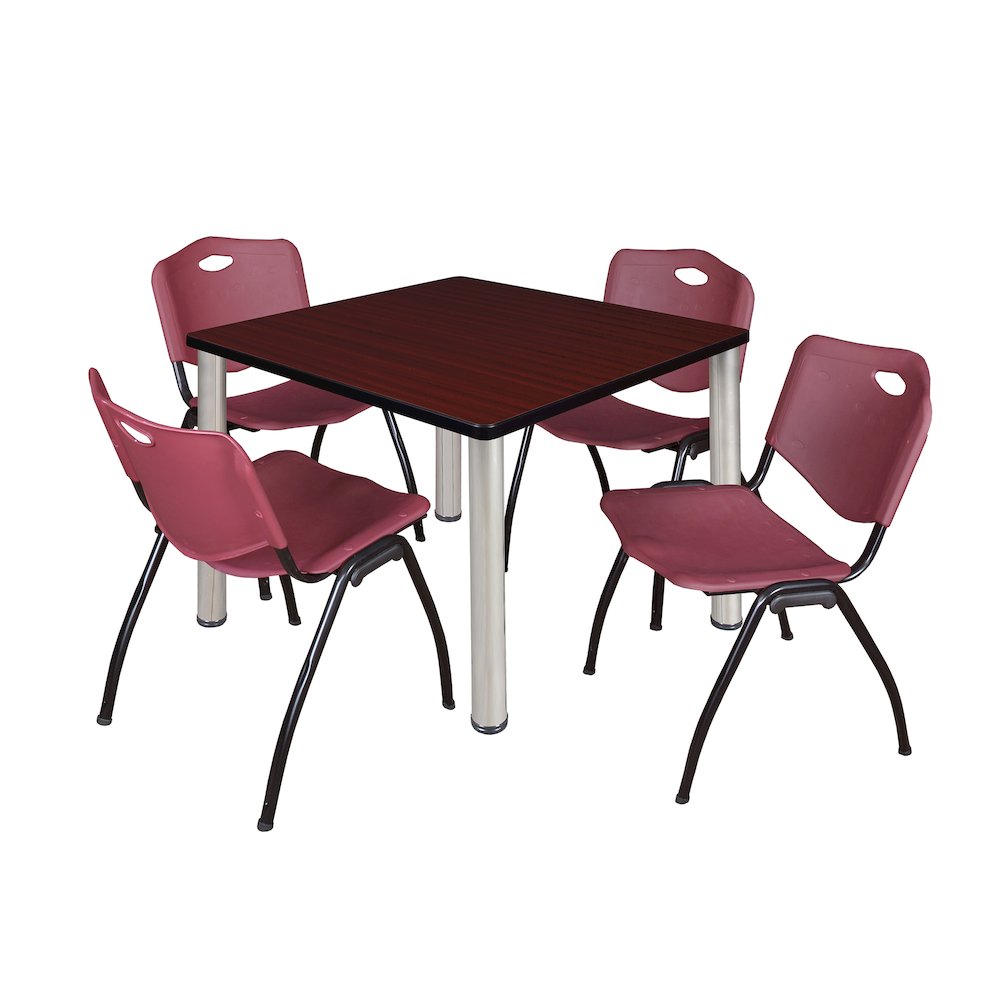 42 Square Breakroom Table- Mahogany Top, Chrome Legs, 4 M Stack Chairs- Burgundy. Picture 1