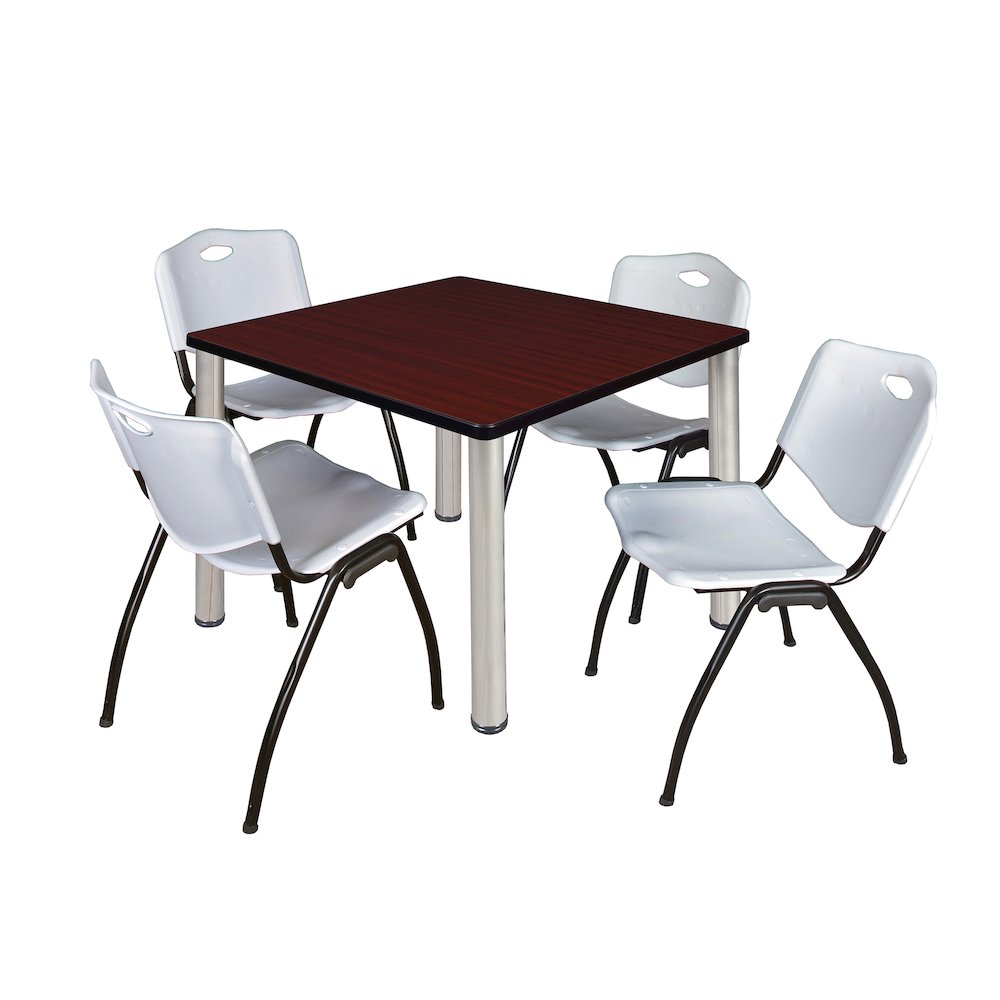 42 in Square Breakroom Table- Mahogany Top, Chrome Legs, 4 M Stack Chairs- Grey. Picture 1
