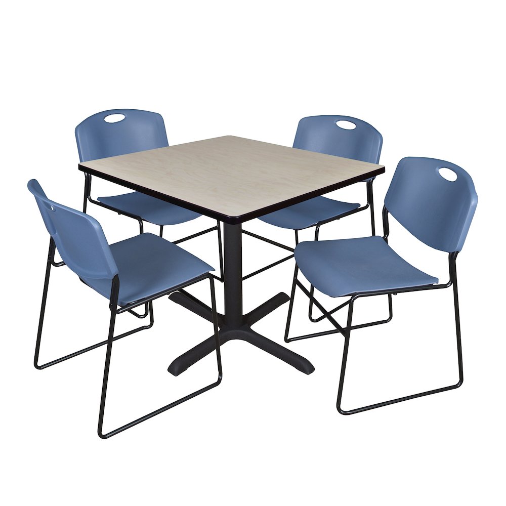 42 in. Square X-Base Breakroom Table- Maple & 4 Zeng Stack Chairs- Blue. Picture 1