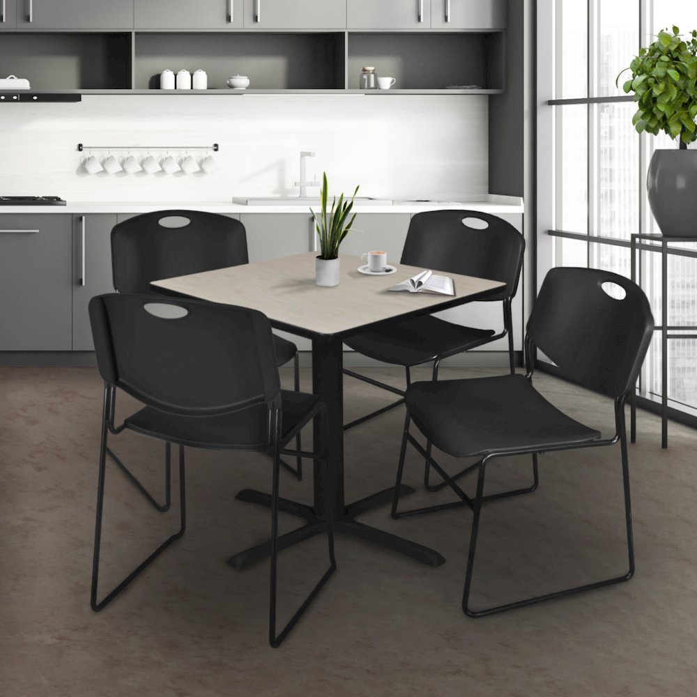 42 in. Square X-Base Breakroom Table- Maple & 4 Zeng Stack Chairs- Black. Picture 9