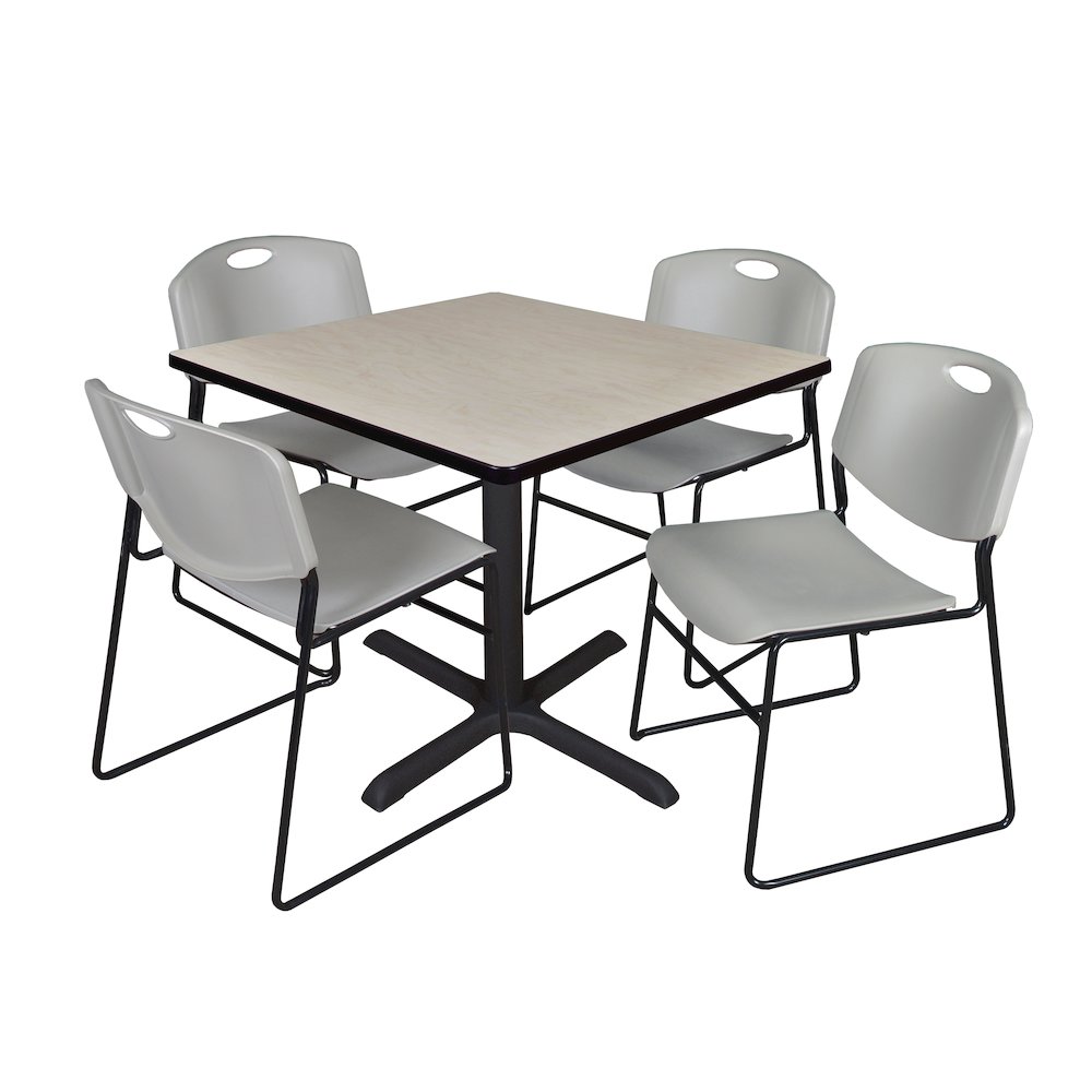 42 in. Square X-Base Breakroom Table- Maple & 4 Zeng Stack Chairs- Grey. Picture 1