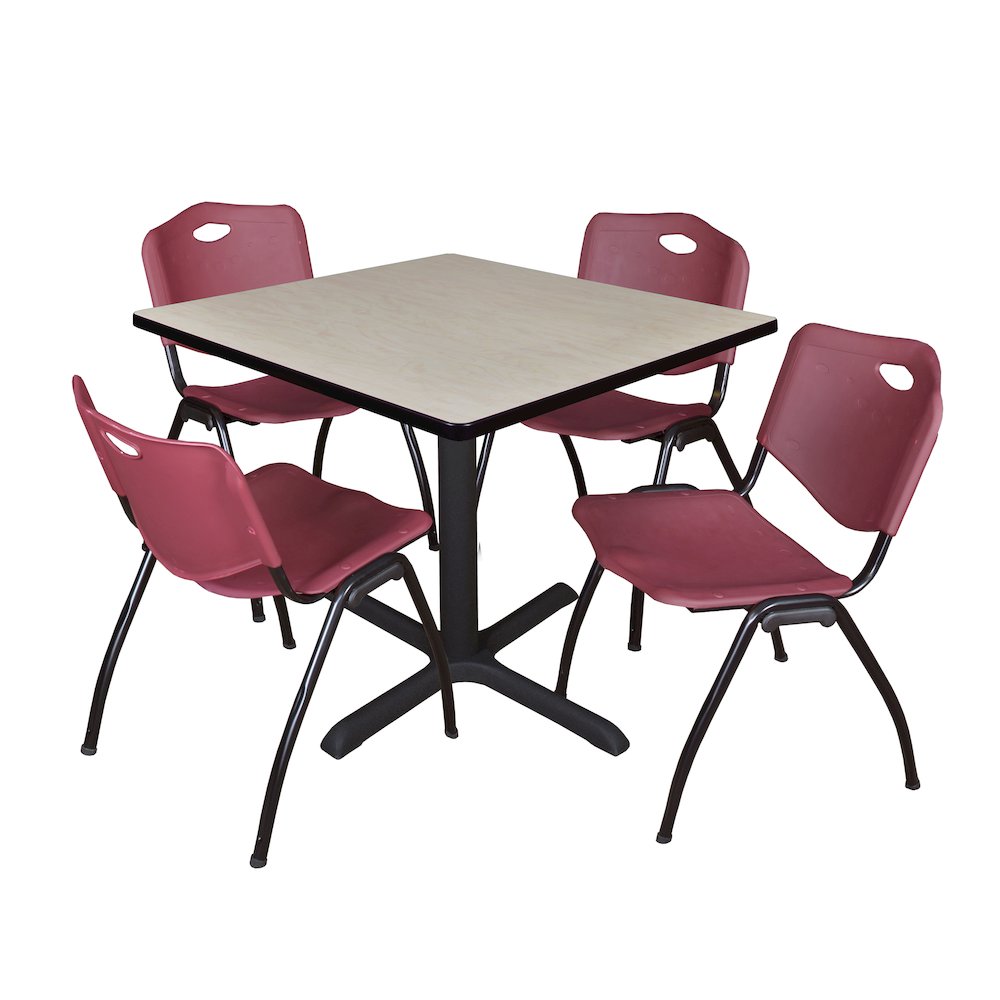 42 in. Square X-Base Breakroom Table- Maple & 4 M Stack Chairs- Burgundy. Picture 1