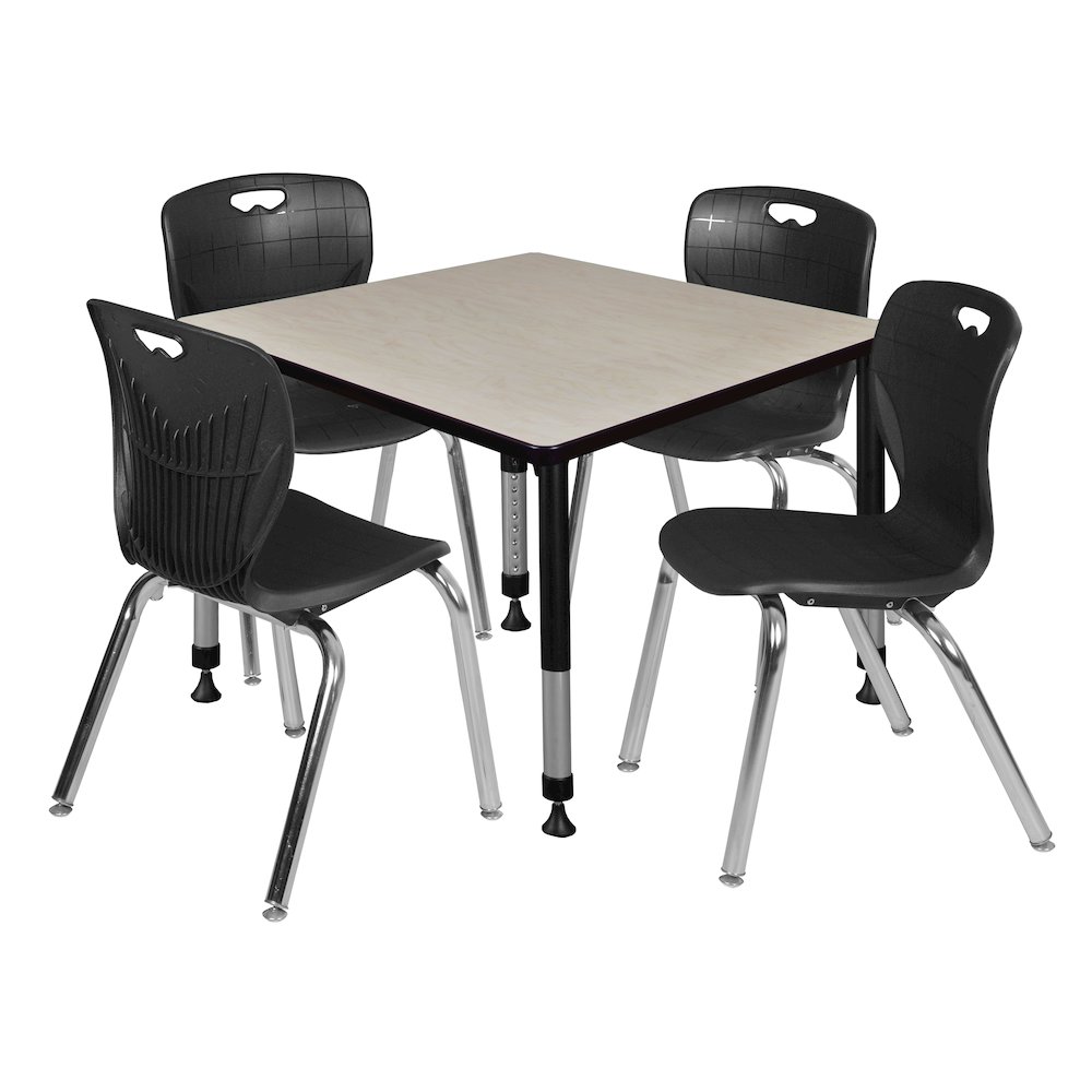 42 Square Adjustable Classroom Table- Maple & 4 Andy 18 Stack Chairs- Black. Picture 1