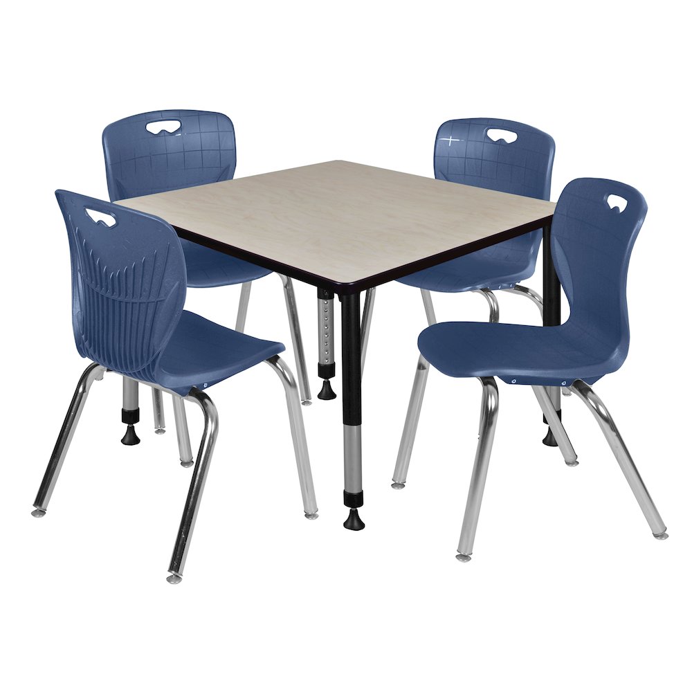 42 Square Adjustable Classroom Table- Maple & 4 Andy 18 Stack Chairs- Blue. Picture 1