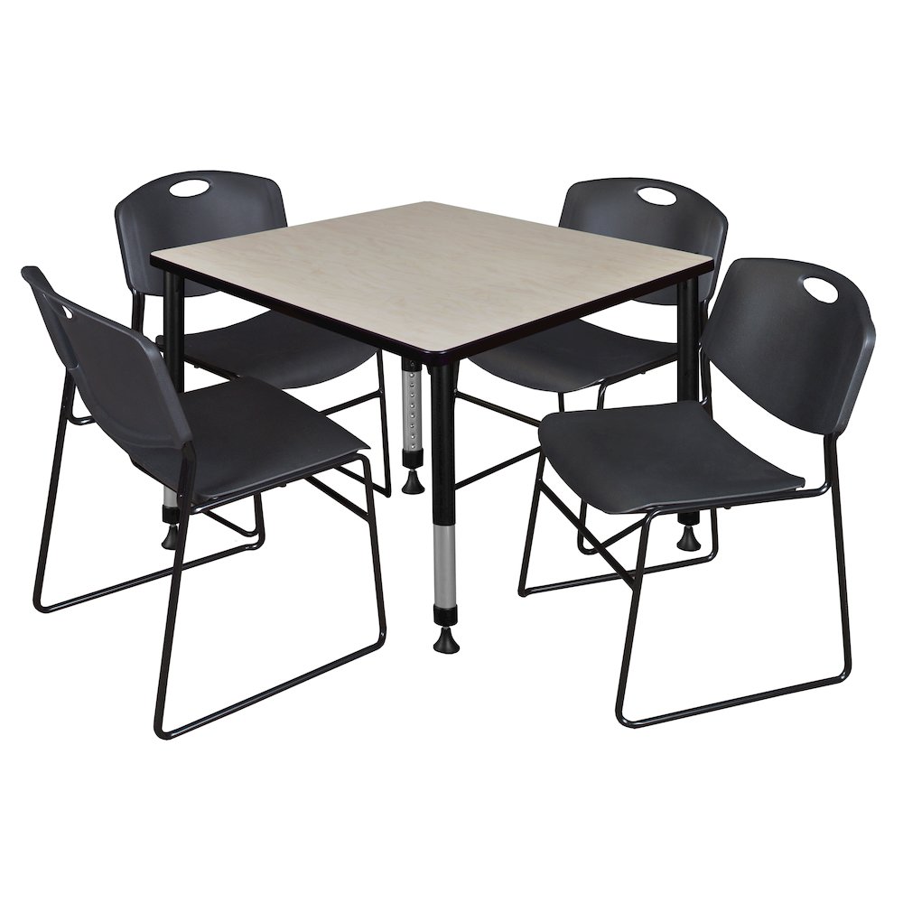 42 in. Square Adjustable Classroom Table- Maple & 4 Zeng Stack Chairs- Black. Picture 1