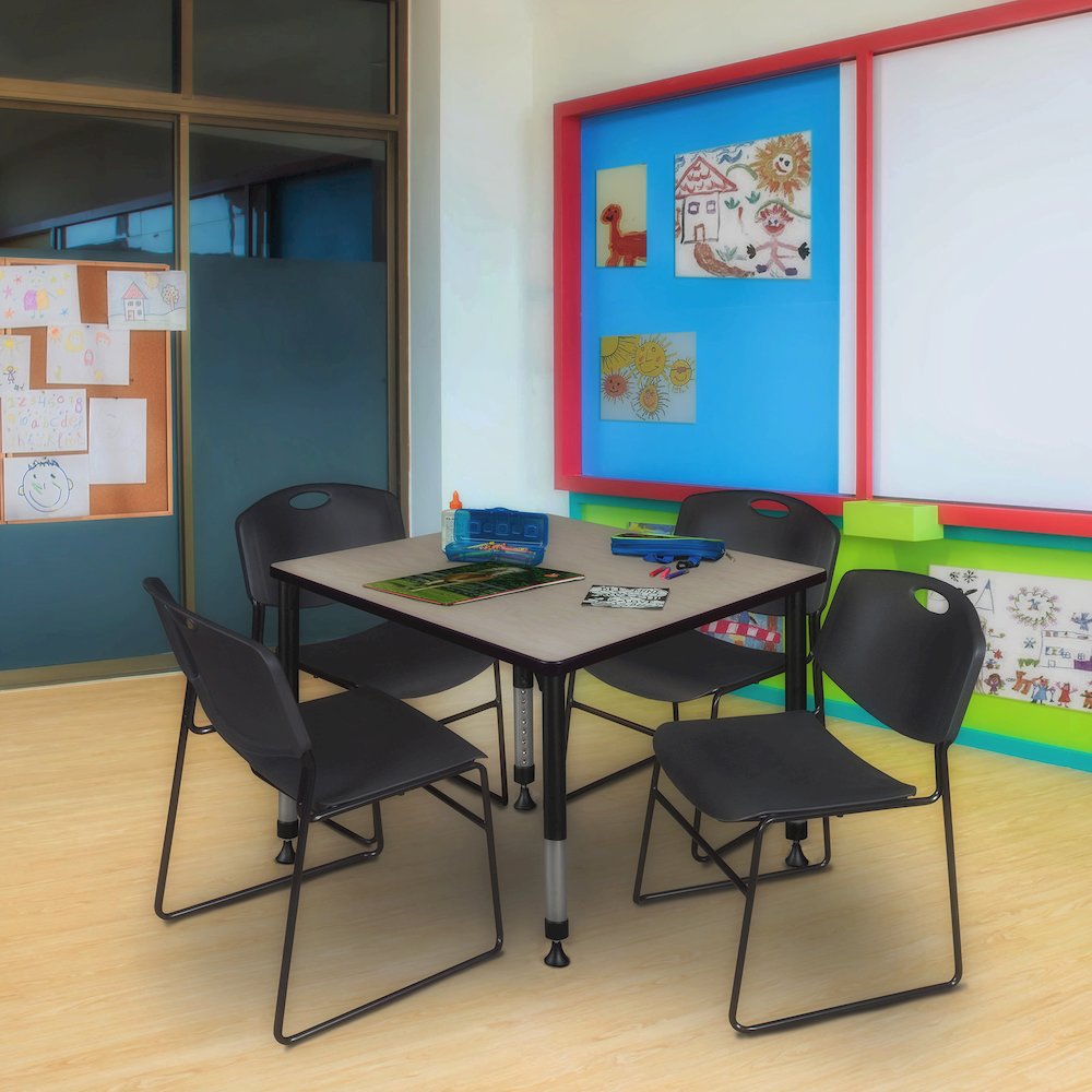 42 in. Square Adjustable Classroom Table- Maple & 4 Zeng Stack Chairs- Black. Picture 7