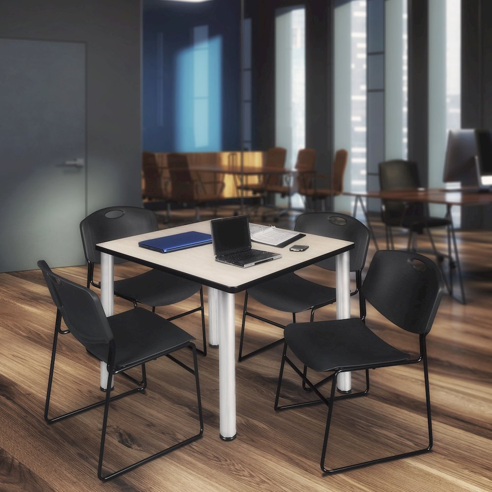 42 in Square Breakroom Table- Maple Top, Chrome Legs, 4 Zeng Stack Chairs- Black. Picture 7