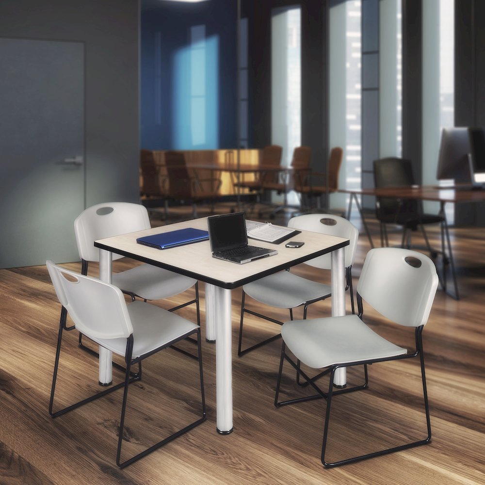 42 in Square Breakroom Table- Maple Top, Chrome Legs, 4 Zeng Stack Chairs- Grey. Picture 7