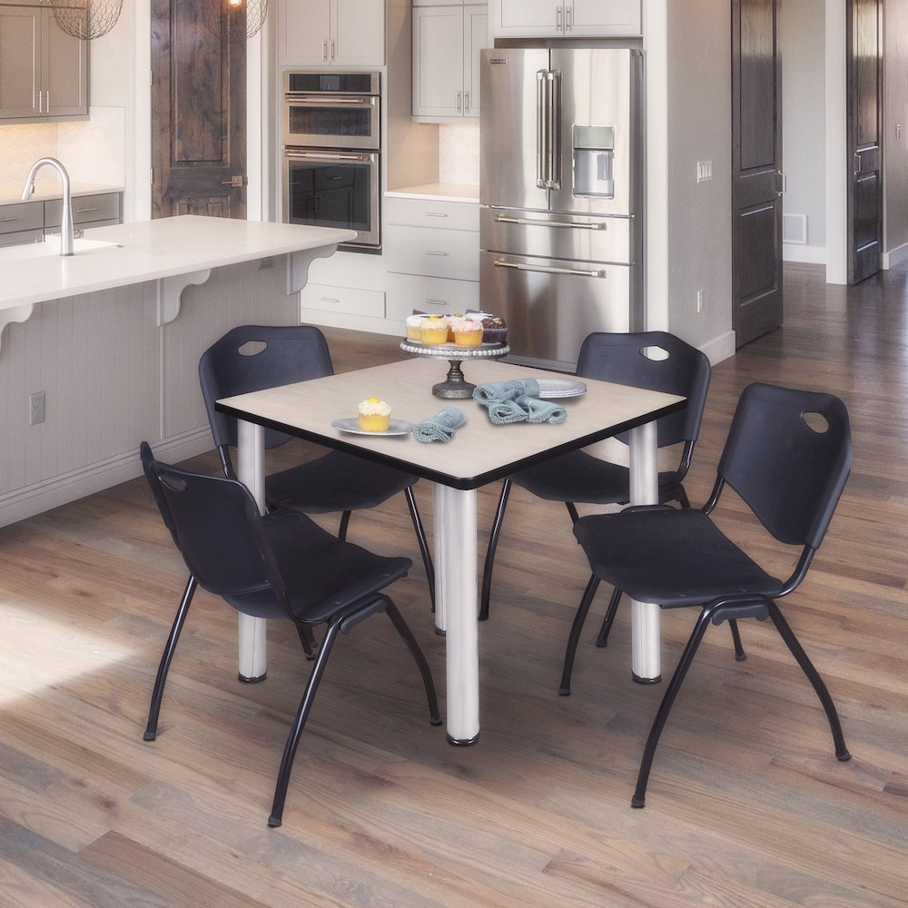 42 in Square Breakroom Table- Maple Top, Chrome Legs, 4 M Stack Chairs- Black. Picture 7