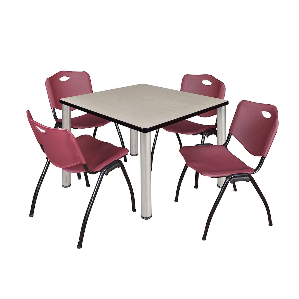 42 in Square Breakroom Table- Maple Top, Chrome Legs, 4 M Stack Chairs- Burgundy. Picture 1