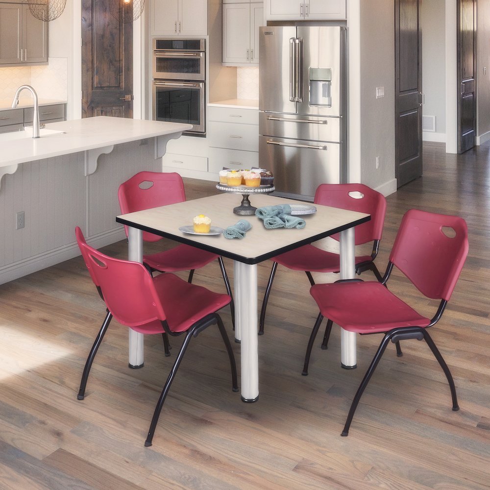 42 in Square Breakroom Table- Maple Top, Chrome Legs, 4 M Stack Chairs- Burgundy. Picture 7