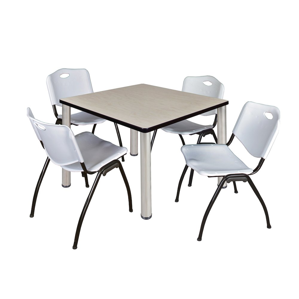 42 in Square Breakroom Table- Maple Top, Chrome Legs, 4 M Stack Chairs- Grey. Picture 1