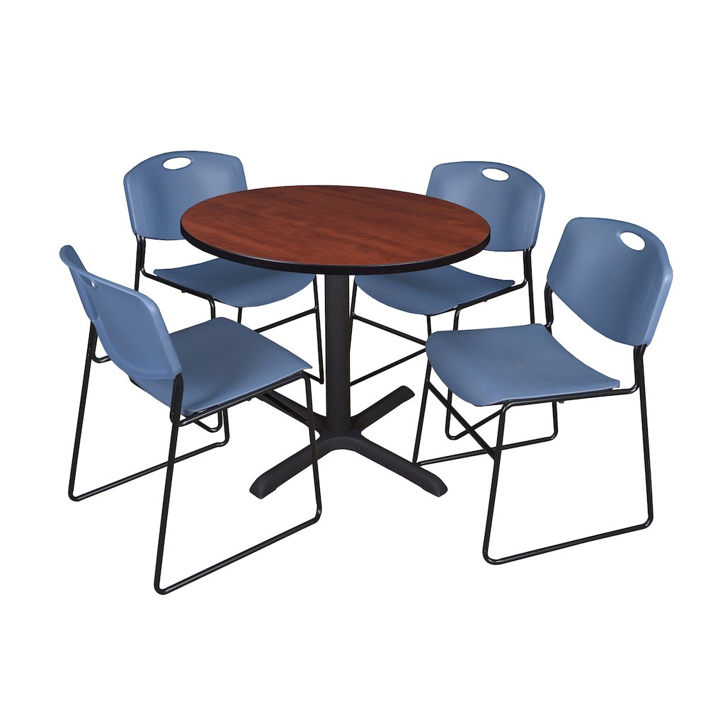 42 in. Round X-Base Breakroom Table- Cherry & 4 Zeng Stack Chairs- Blue. Picture 1