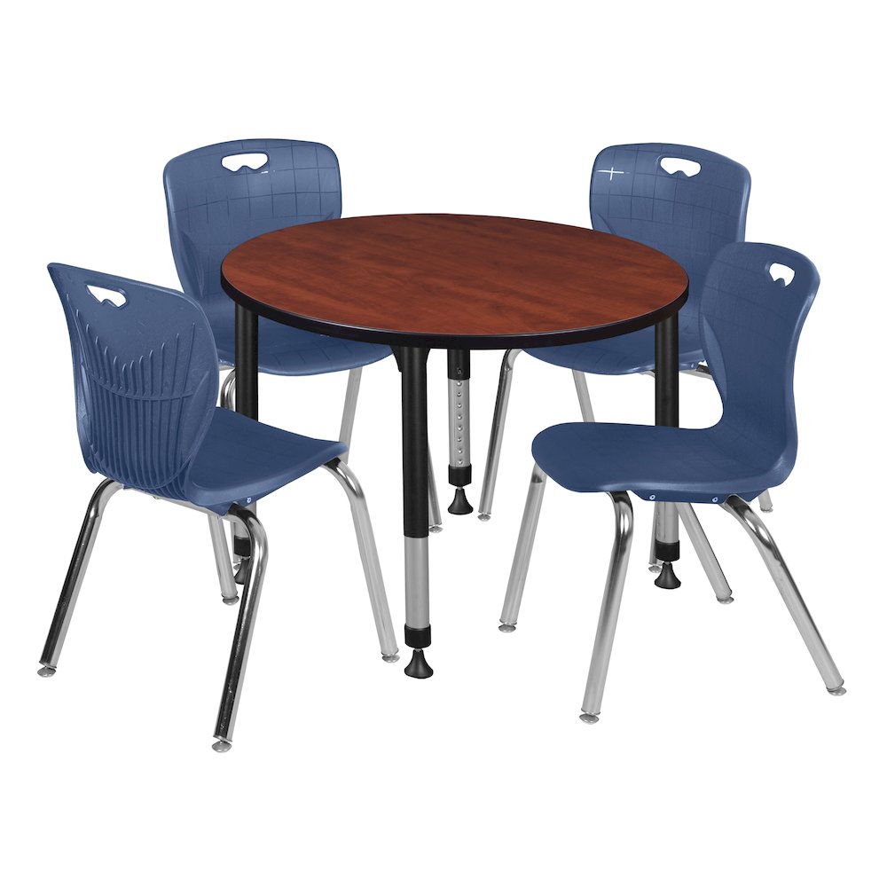 42 Round Adjustable Classroom Table- Cherry & 4 Andy 18 Stack Chairs- Blue. Picture 1