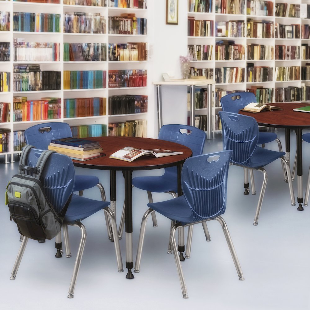 42 Round Adjustable Classroom Table- Cherry & 4 Andy 18 Stack Chairs- Blue. Picture 6