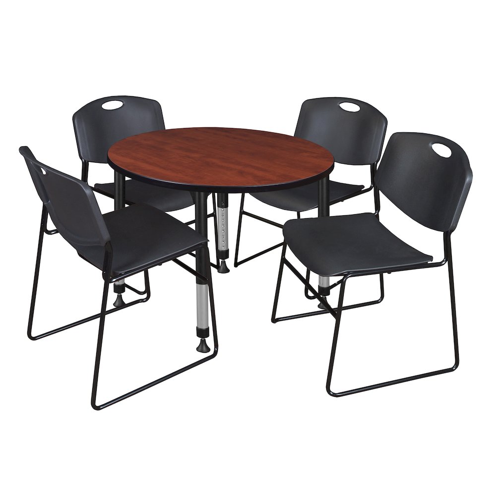 42 in. Round Adjustable Classroom Table- Cherry & 4 Zeng Stack Chairs- Black. Picture 1