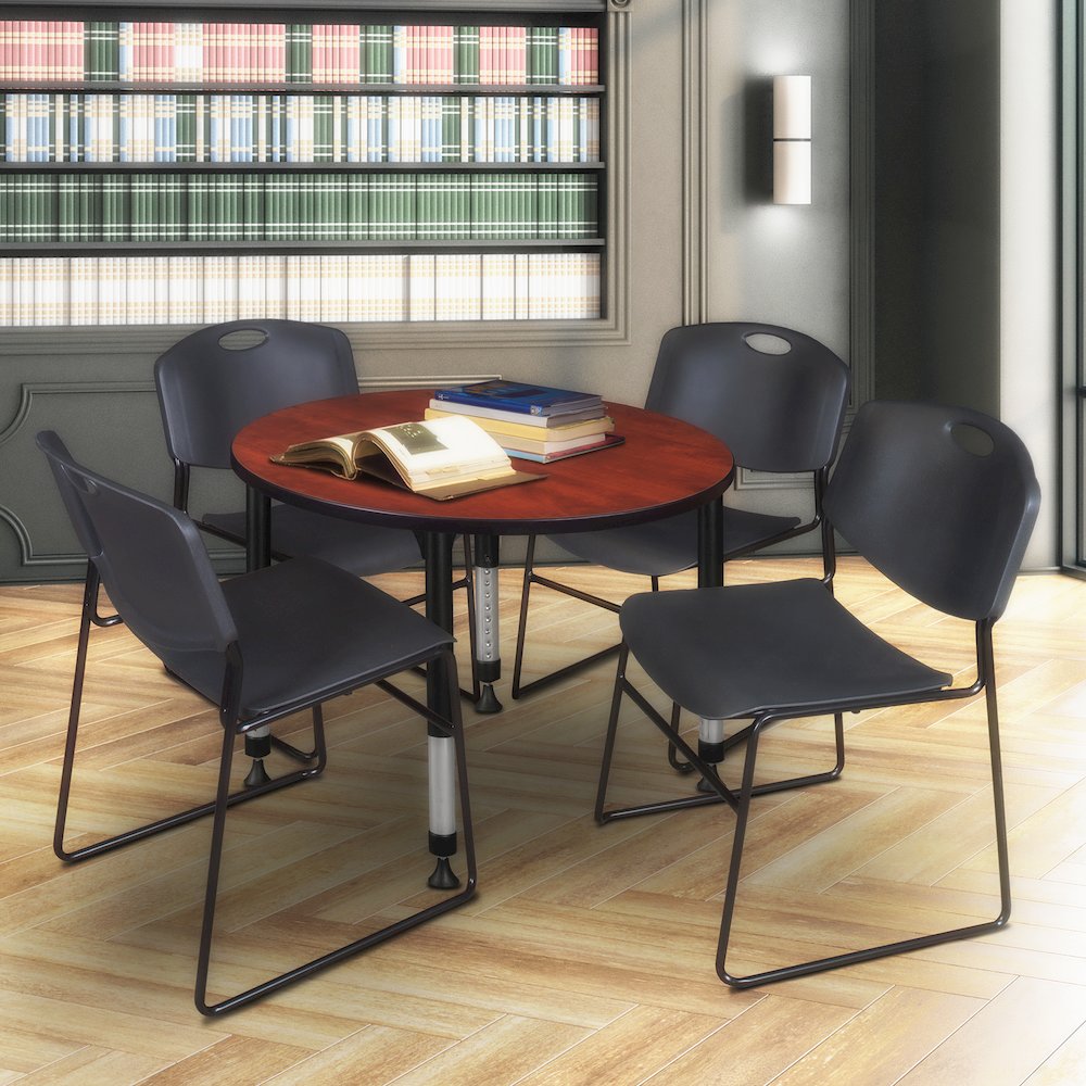 42 in. Round Adjustable Classroom Table- Cherry & 4 Zeng Stack Chairs- Black. Picture 6