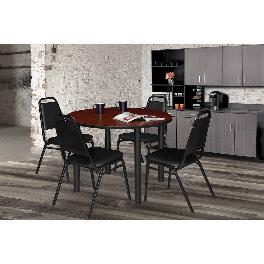 42 in Round Breakroom Table- Cherry Top, Black Legs, 4 Restaurant Stack Chairs. Picture 6