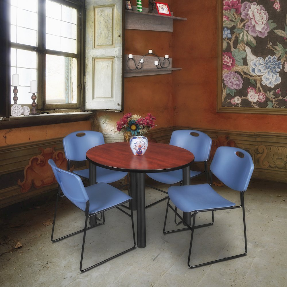 42 in Round Breakroom Table- Cherry Top, Black Legs, 4 Zeng Stack Chairs- Blue. Picture 6