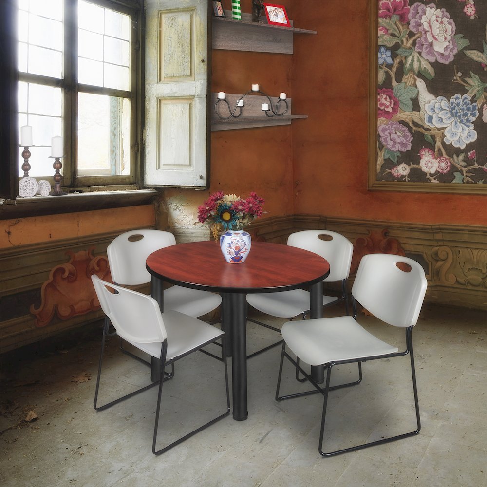 42 in Round Breakroom Table- Cherry Top, Black Legs, 4 Zeng Stack Chairs- Grey. Picture 6