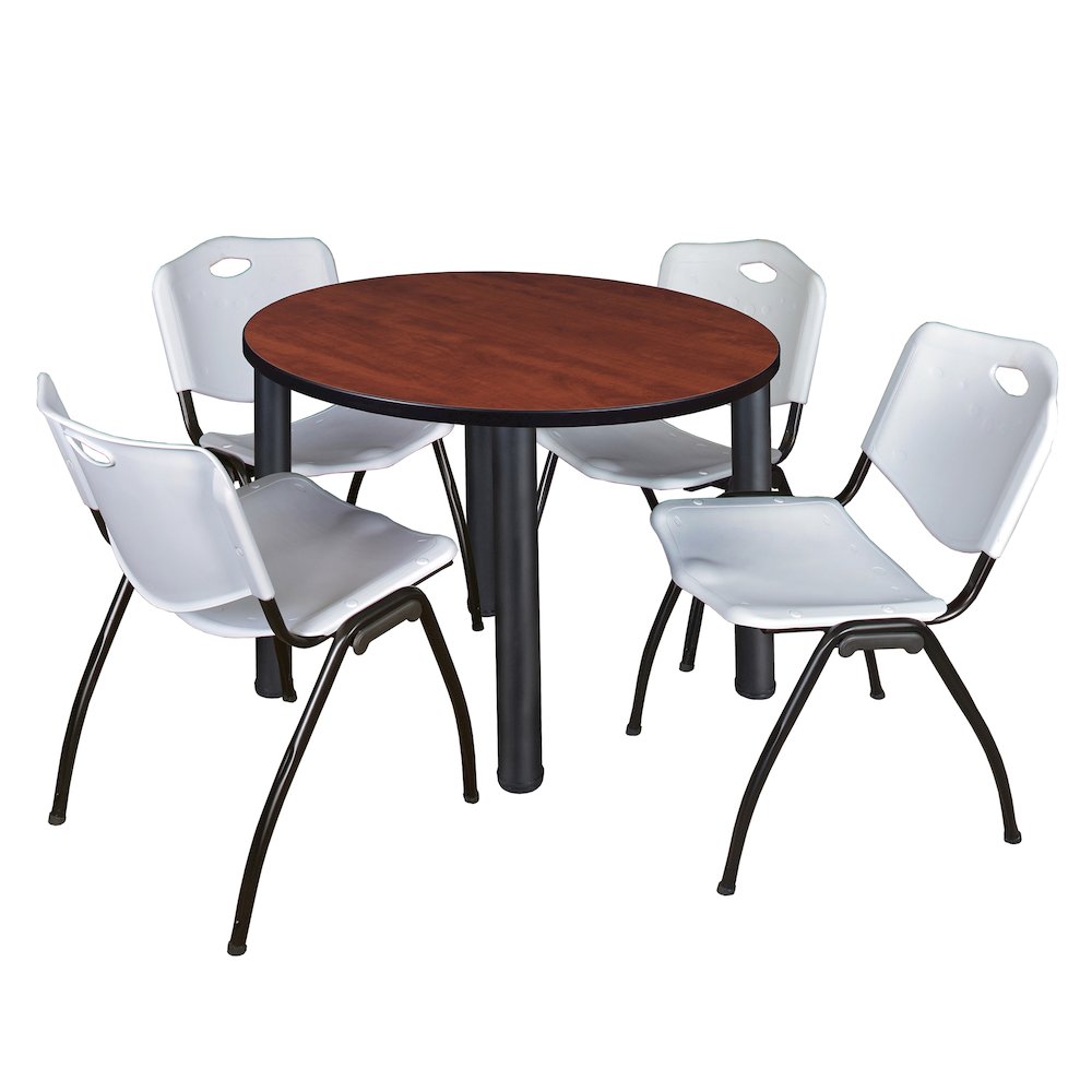 42 in Round Breakroom Table- Cherry Top, Black Legs, 4 M Stack Chairs- Grey. Picture 1