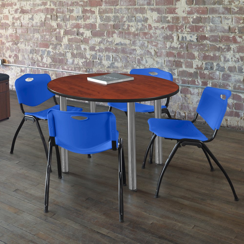 42 in Round Breakroom Table- Cherry Top, Chrome Legs, 4 M Stack Chairs- Blue. Picture 6