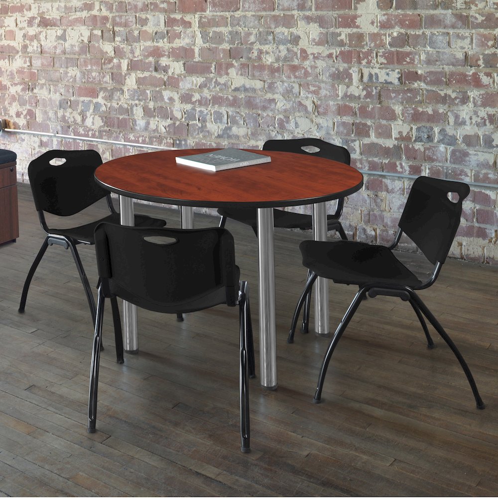 42 in Round Breakroom Table- Cherry Top, Chrome Legs, 4 M Stack Chairs- Black. Picture 6