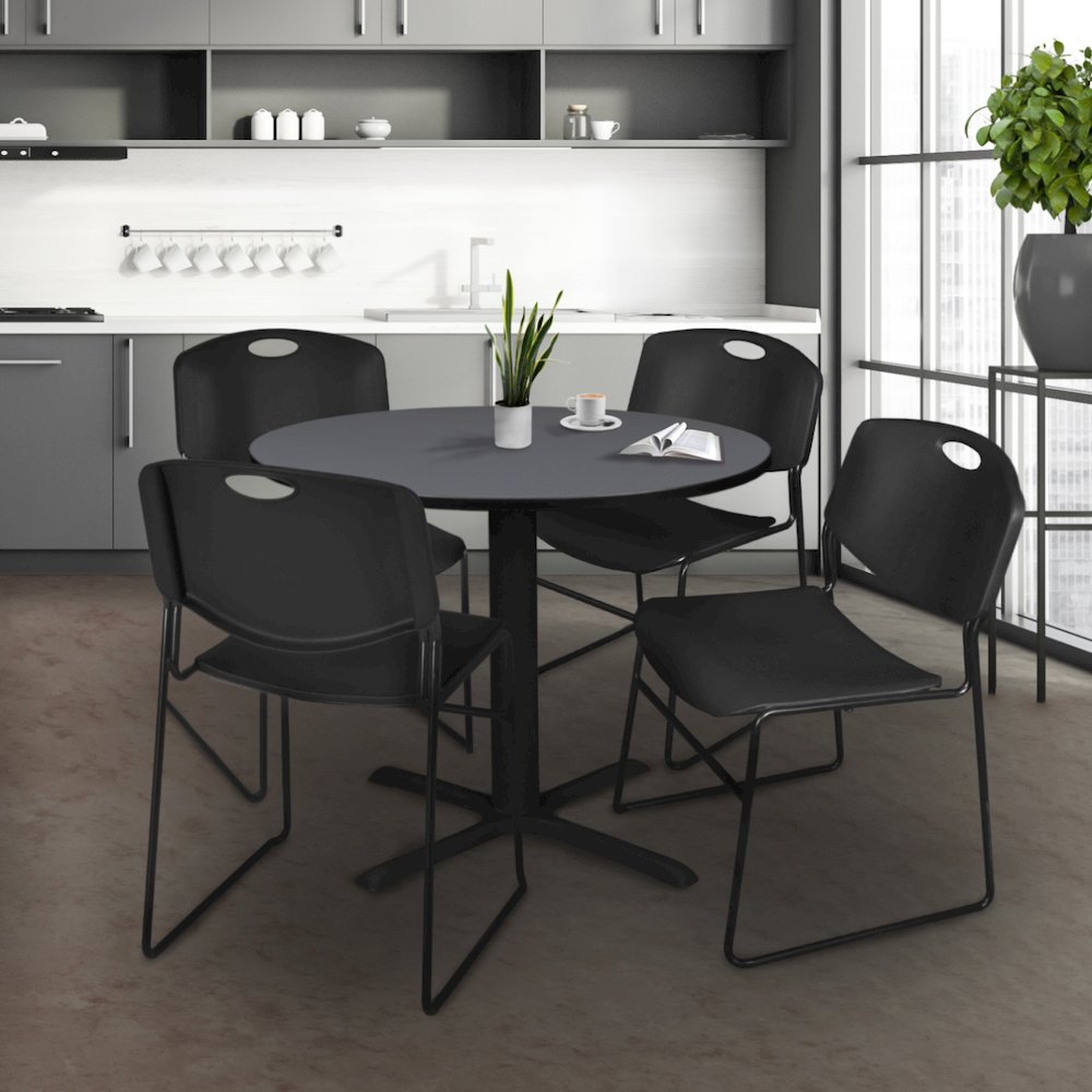 42 in. Round X-Base Breakroom Table- Grey & 4 Zeng Stack Chairs- Black. Picture 8