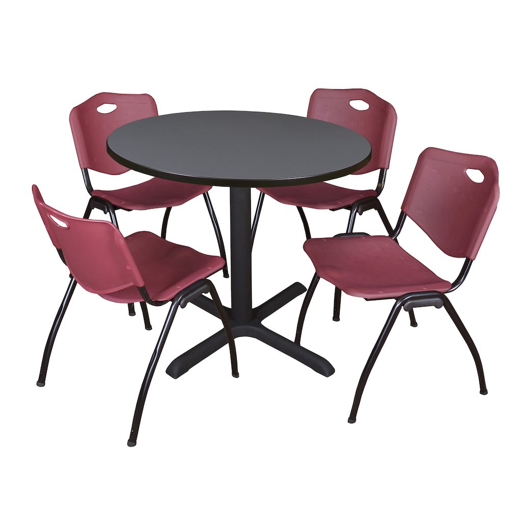 42 in. Round X-Base Breakroom Table- Grey & 4 M Stack Chairs- Burgundy. Picture 1