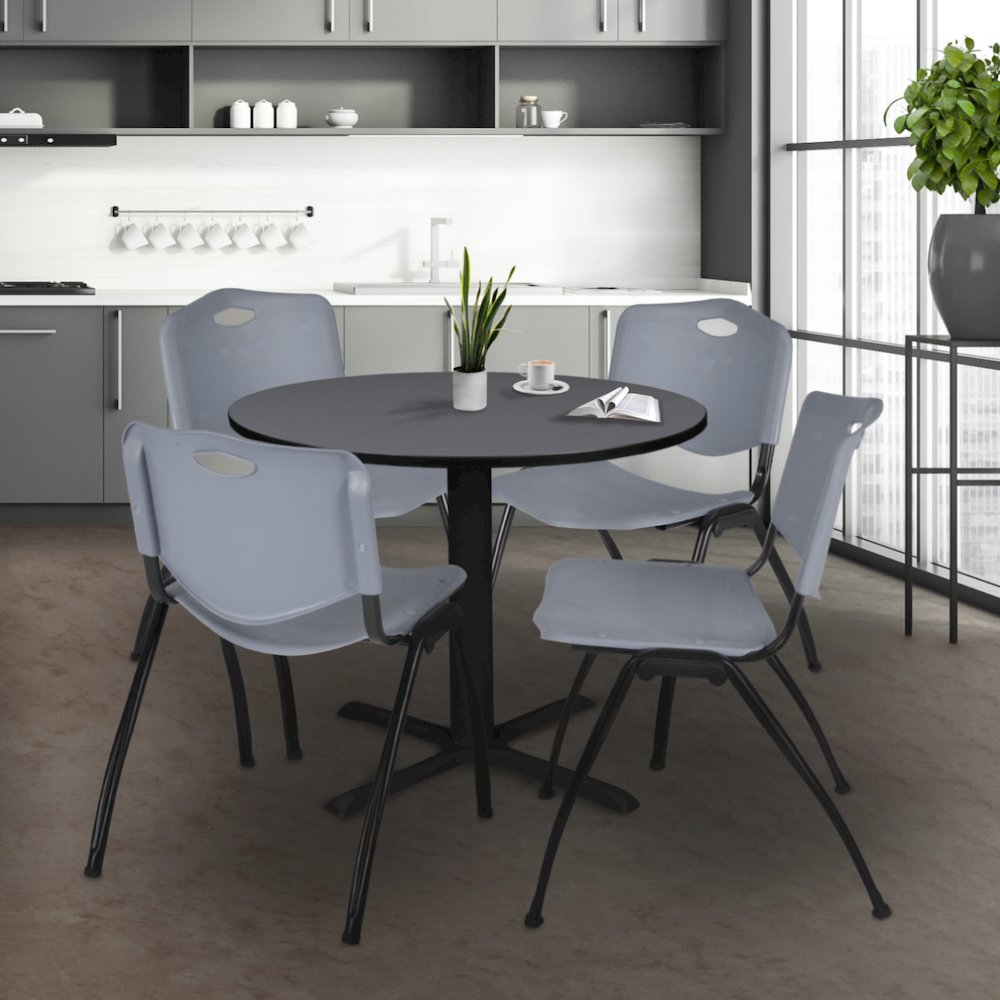 42 in. Round X-Base Breakroom Table- Grey & 4 M Stack Chairs- Grey. Picture 8